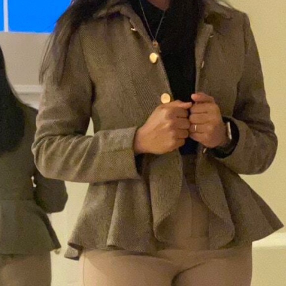 Classic Brown Herringbone Ruffle Hem Open Front Jacket Coat - Picture 8 of 9